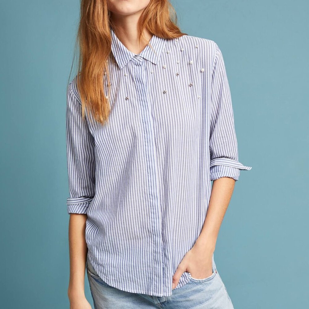 Anthropologie Rails PEARL Button-down Blue White Stripe L elevated basic Hampton